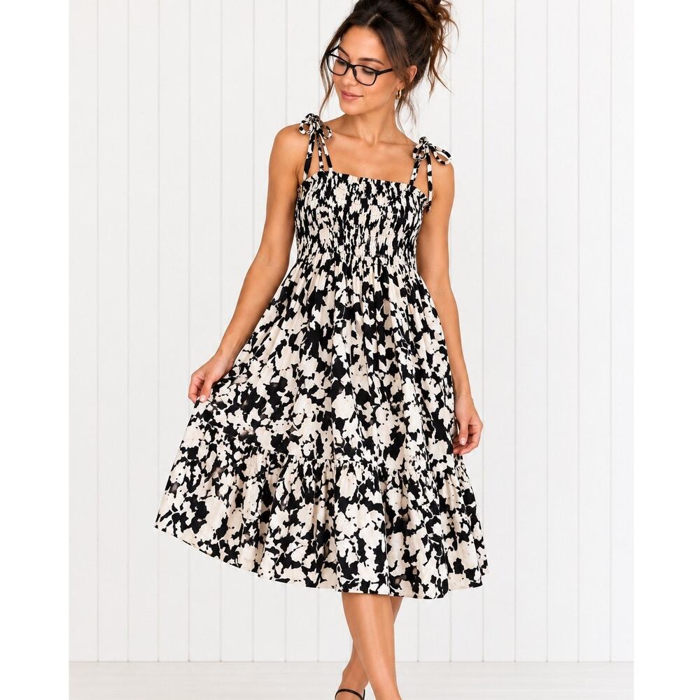 Kate Spade New York Black Ivory Abstract Floral Smocked Tiered Midi Dress